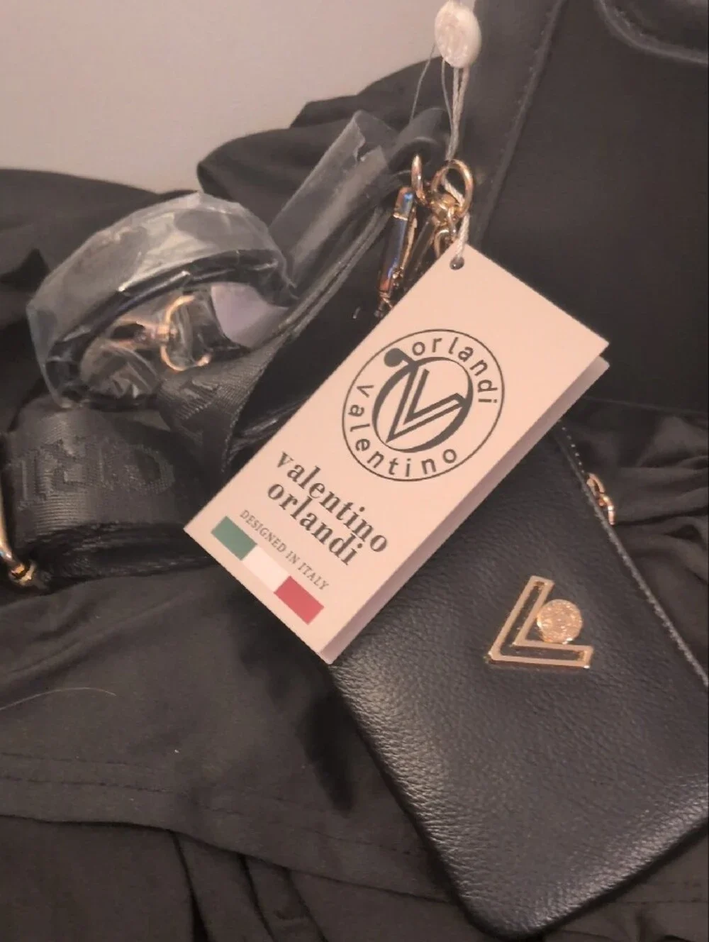 Valentino Orlandi Black Leather Crossbody with Gold V Accent